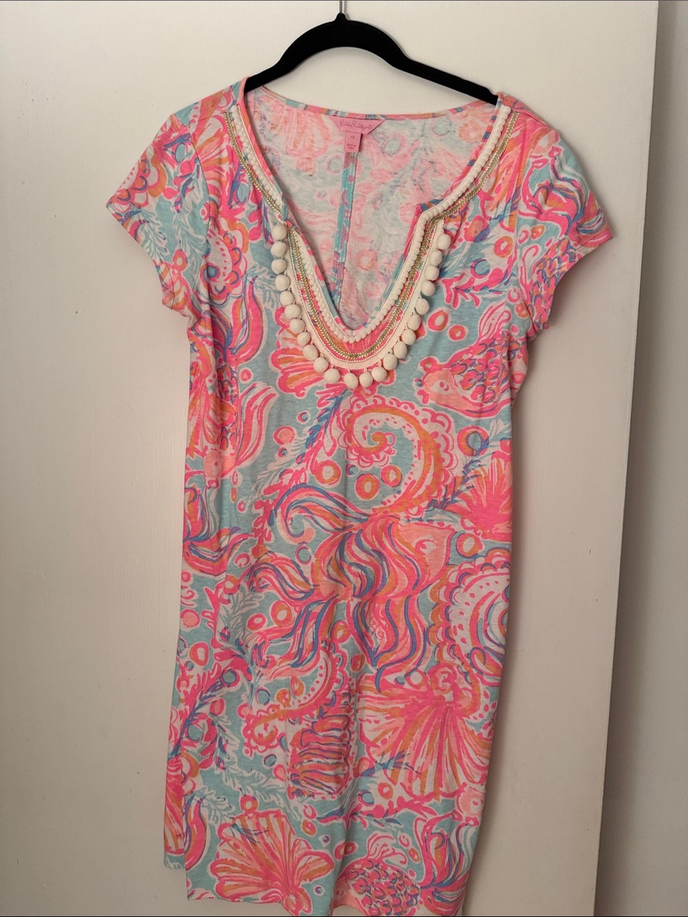 Lilly Pulitzer Pink & Aqua Printed Short Sleeve Mini Dress with Beaded V-Neck